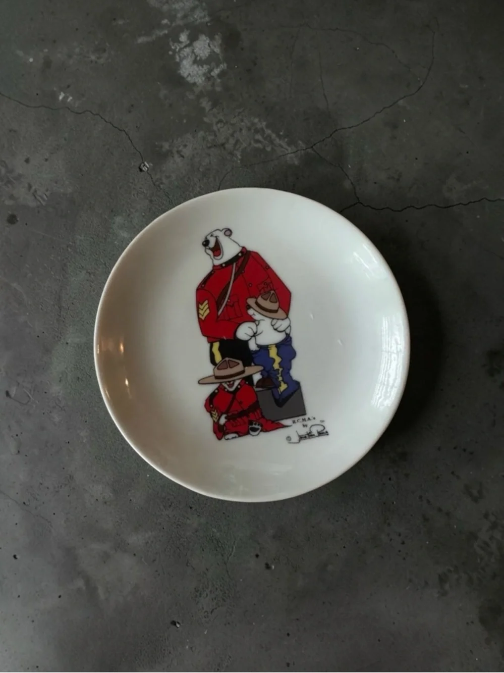 Mountie Bears Ceramic Trinket Dish - White with Red and Blue Artwork